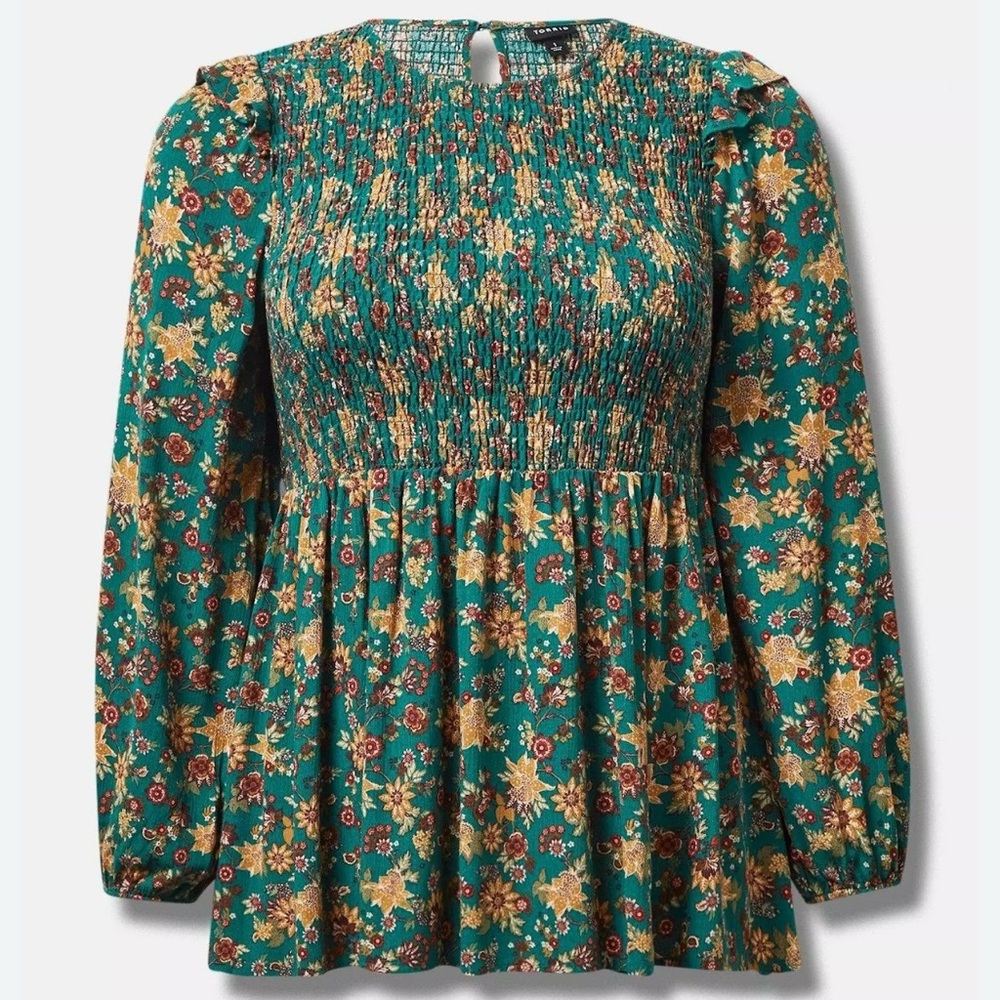 Torrid green smocked peplum long sleeve blouse - Picture 5 of 10